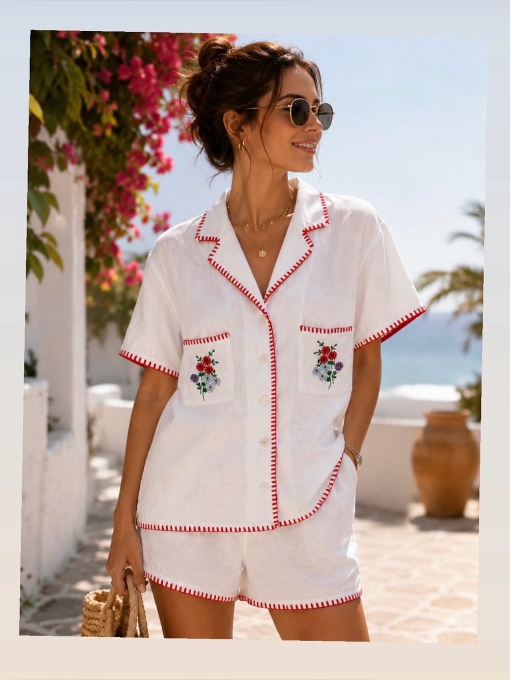 Nwot, Women's White Embroidered shirt set with Red Trim